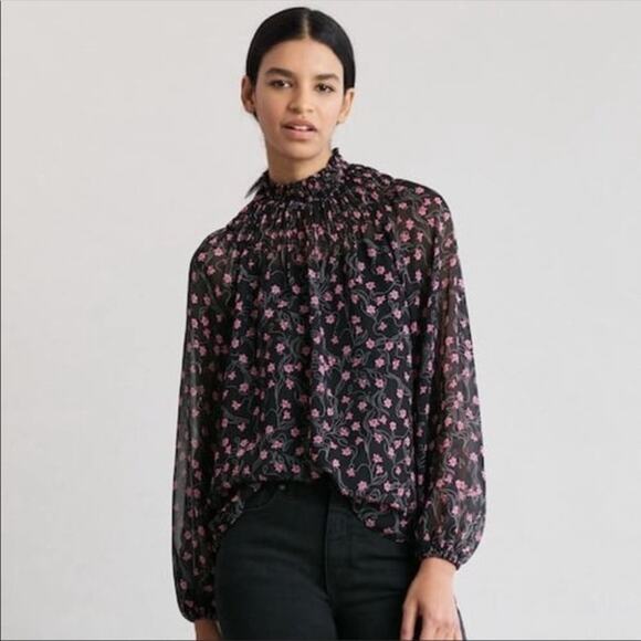 Elizabeth & James Floral Sheer Smocked Top XSmall Black Pink Long Sleeve Blouse - Picture 12 of 12